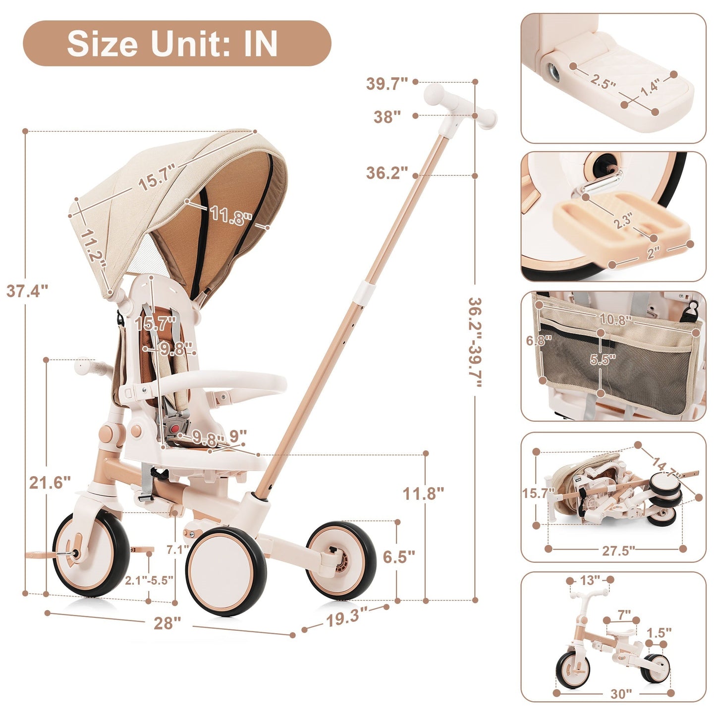 7 in 1 Baby Tricycle, Foldable Toddler Tricycle with Removable and