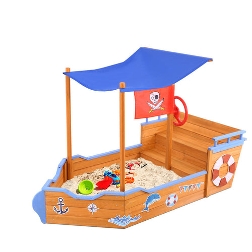 Keezi Kids Sandpit Wooden Boat Sand Pit with Canopy Bench Seat Beach