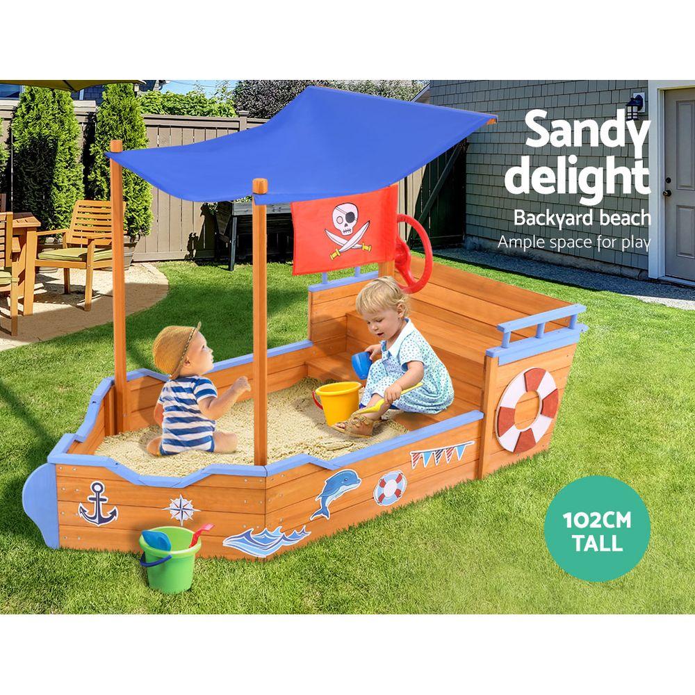Keezi Kids Sandpit Wooden Boat Sand Pit with Canopy Bench Seat Beach
