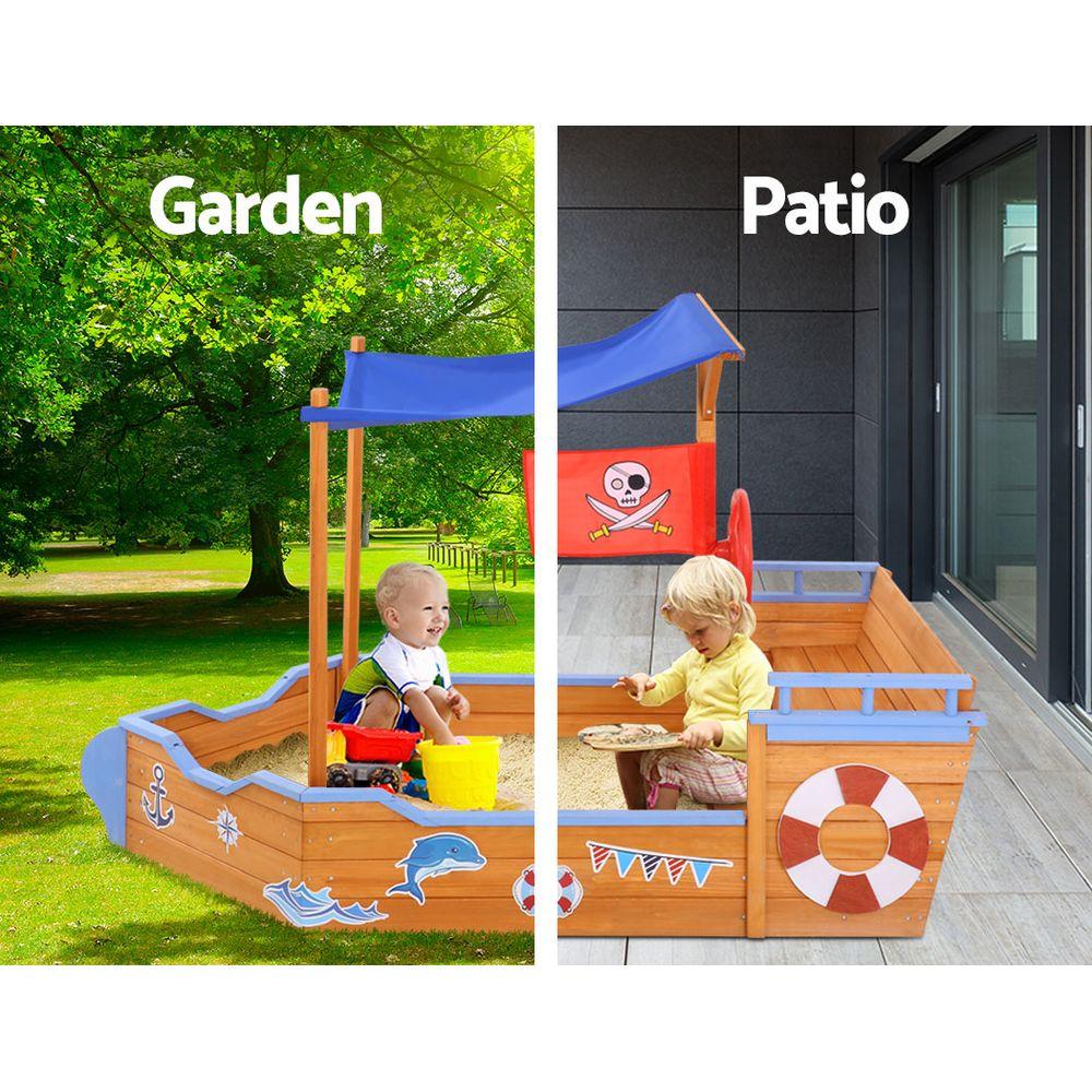 Keezi Kids Sandpit Wooden Boat Sand Pit with Canopy Bench Seat Beach