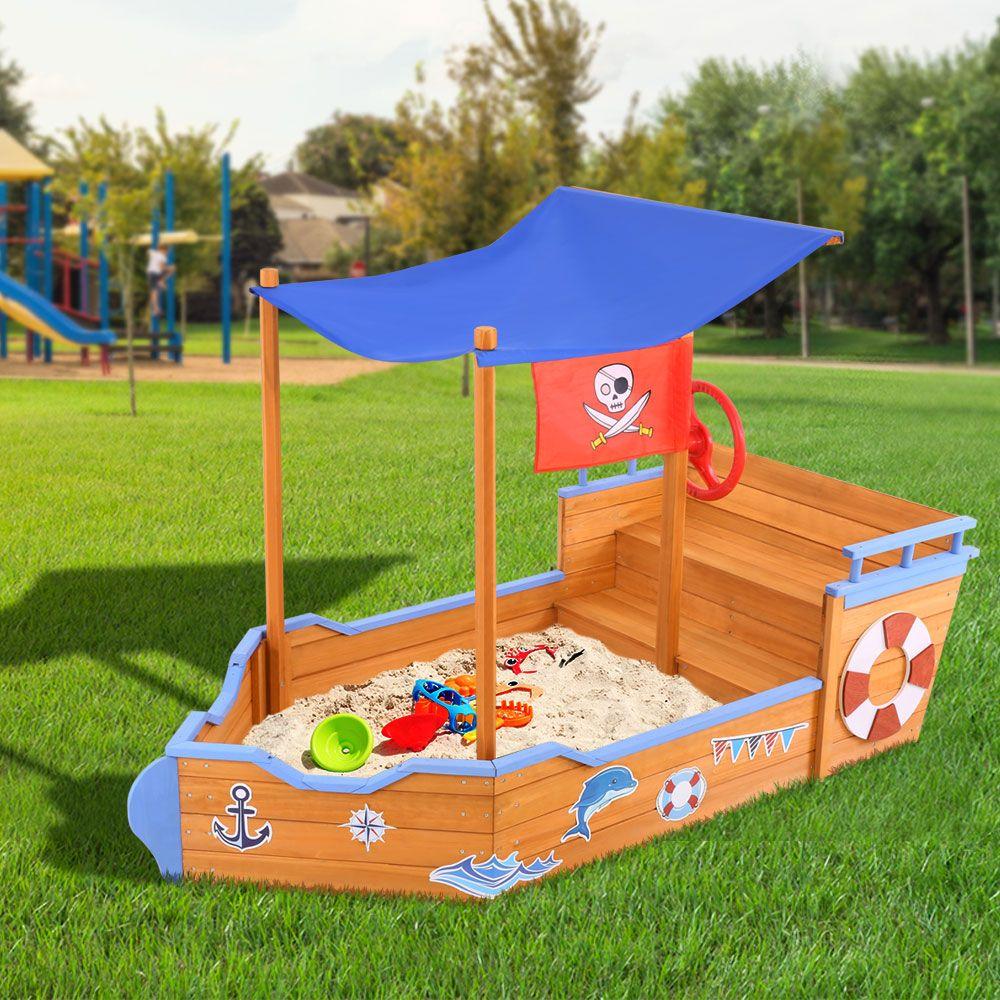 Keezi Kids Sandpit Wooden Boat Sand Pit with Canopy Bench Seat Beach