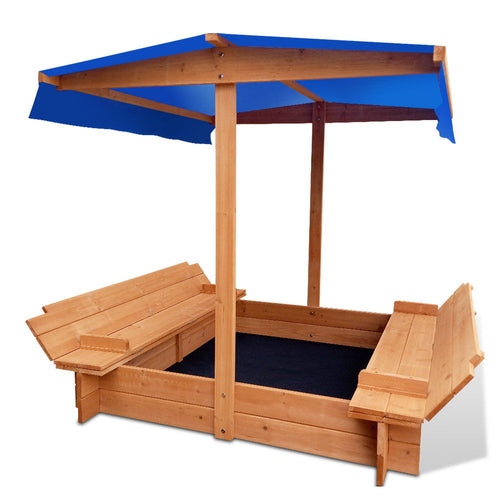 Keezi Kids Sandpit Wooden Sandbox Sand Pit with Canopy Foldable Seat