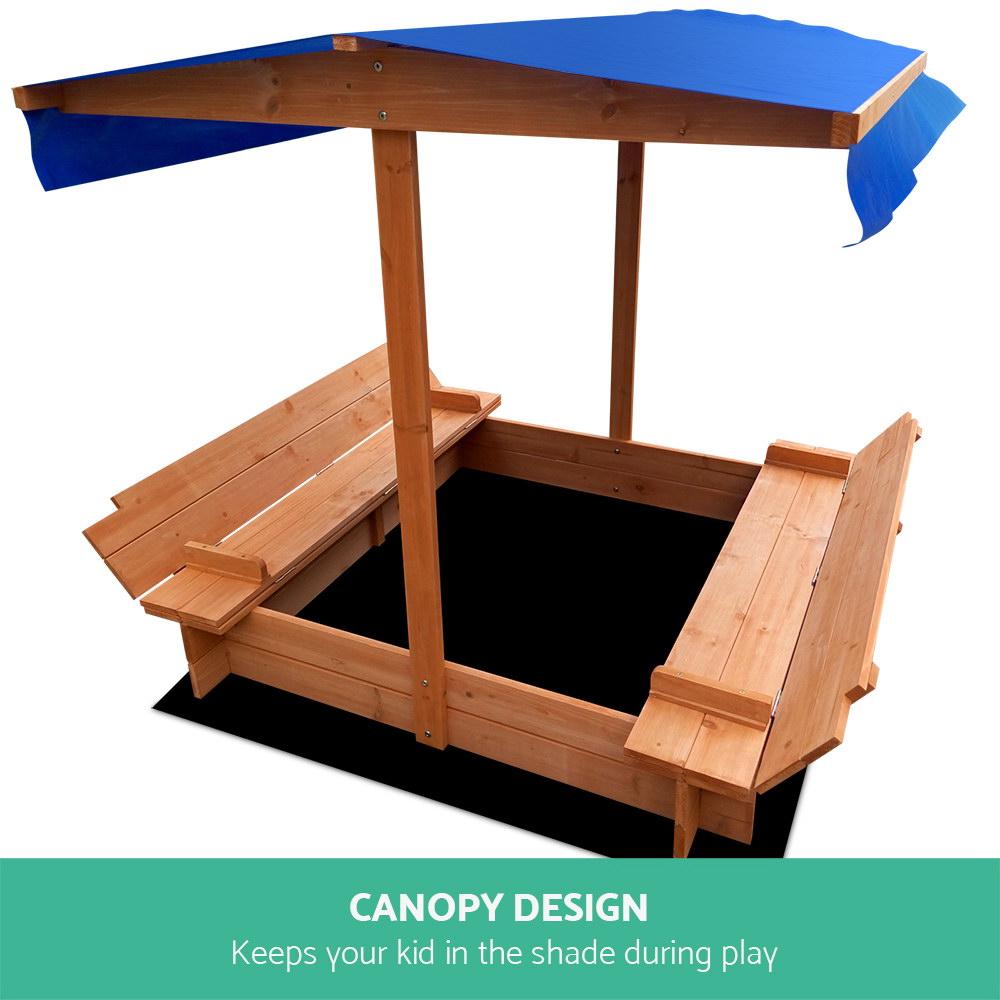 Keezi Kids Sandpit Wooden Sandbox Sand Pit with Canopy Foldable Seat
