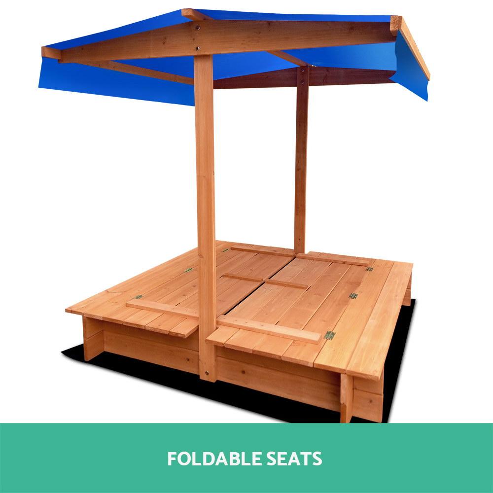 Keezi Kids Sandpit Wooden Sandbox Sand Pit with Canopy Foldable Seat