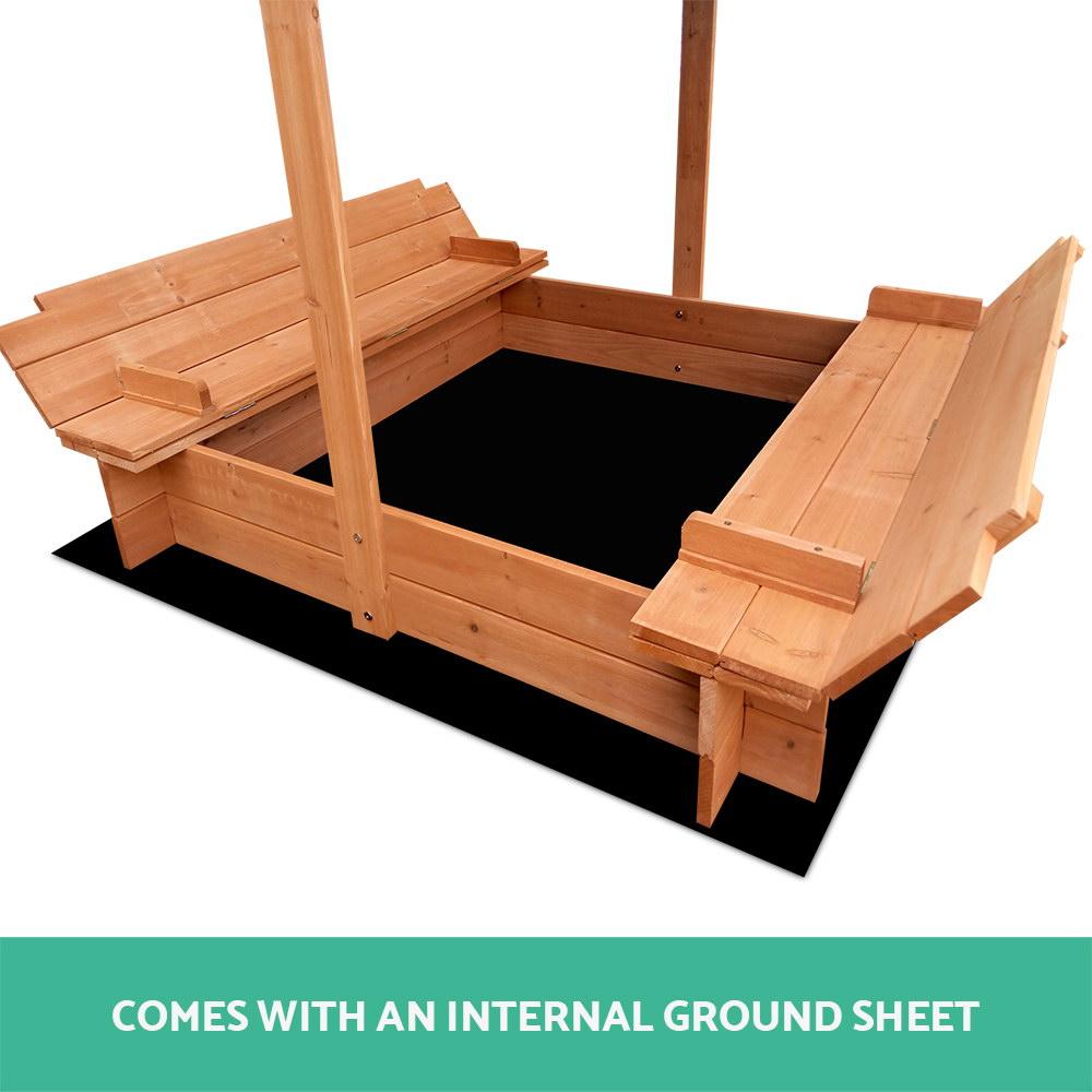Keezi Kids Sandpit Wooden Sandbox Sand Pit with Canopy Foldable Seat