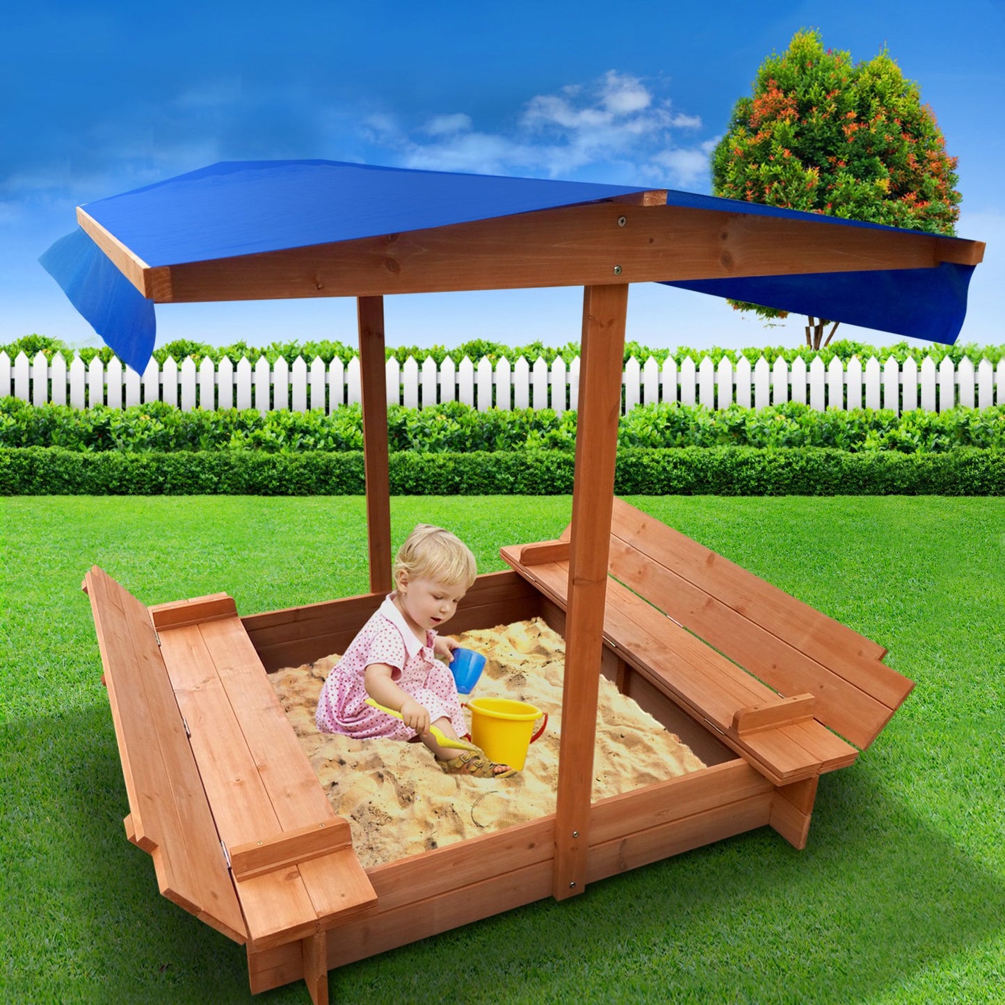 Keezi Kids Sandpit Wooden Sandbox Sand Pit with Canopy Foldable Seat