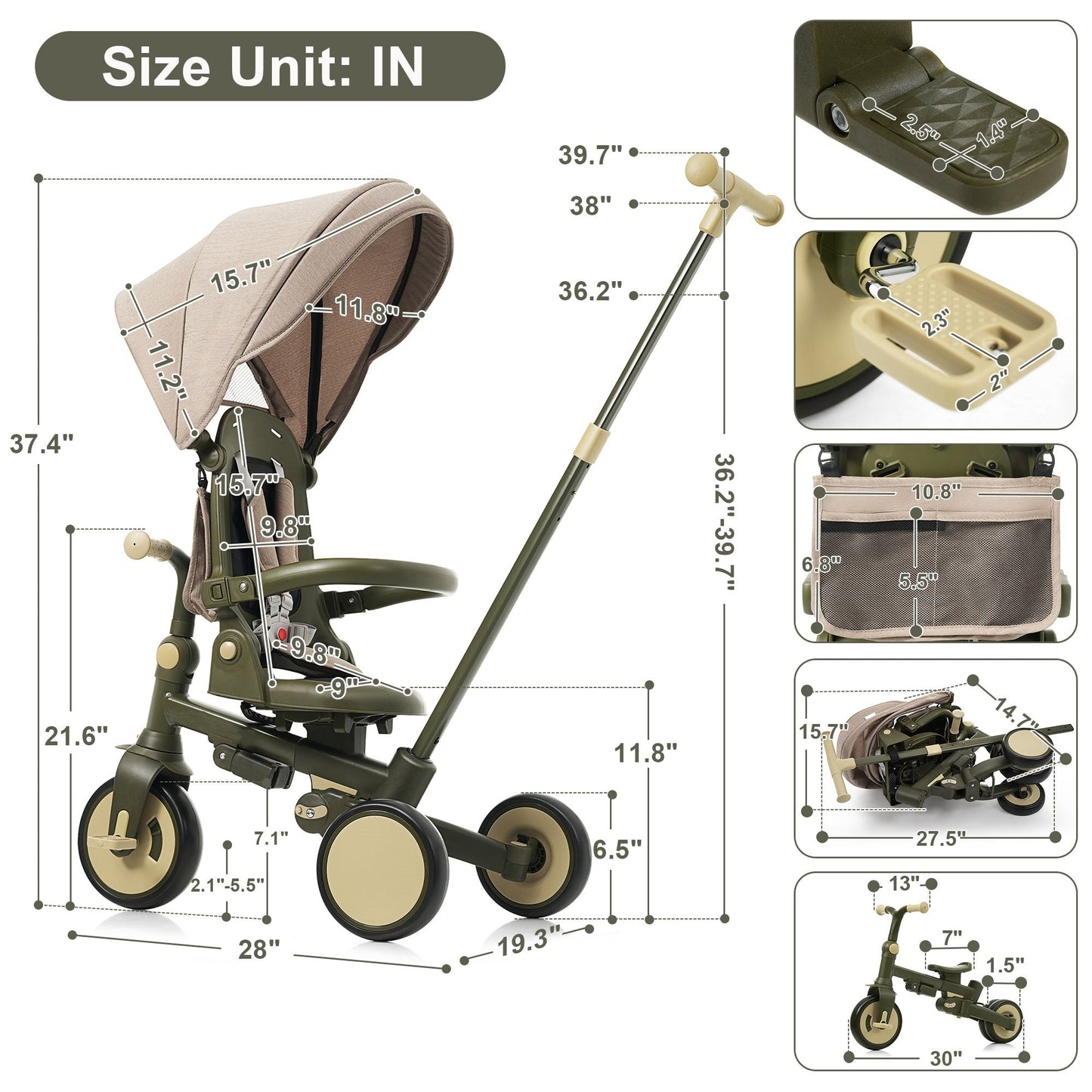 7 in 1 Baby Tricycle, Foldable Toddler Tricycle with Removable and