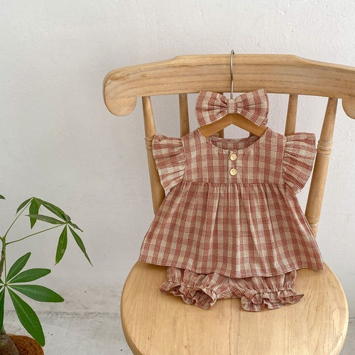 Baby Girl Plaid Pattern Short Sleeve Tee With Shorts Sets