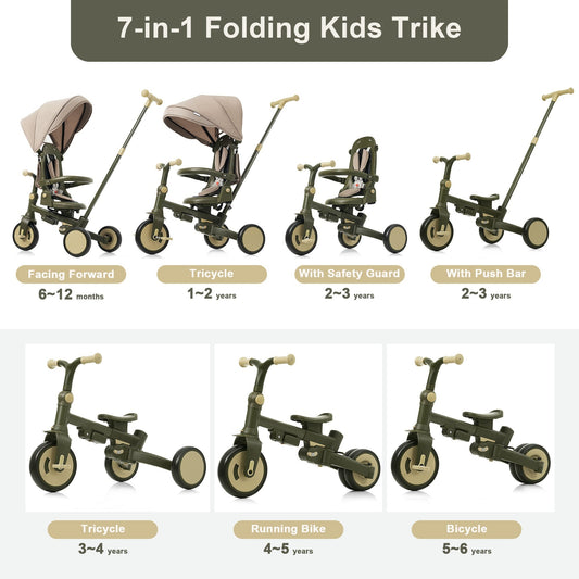 7 in 1 Baby Tricycle, Foldable Toddler Tricycle with Removable and