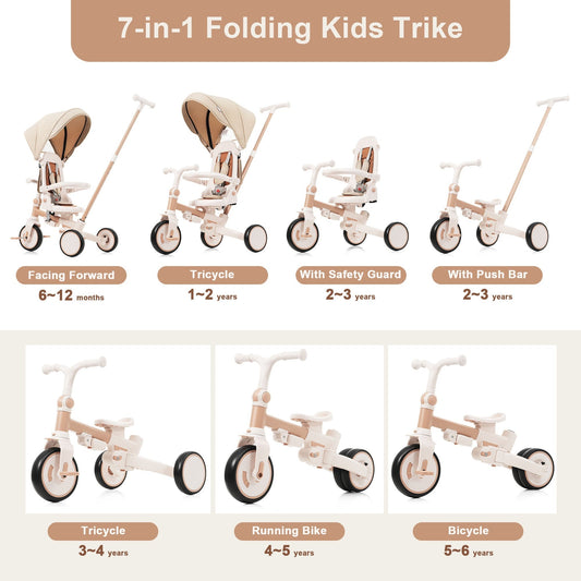 7 in 1 Baby Tricycle, Foldable Toddler Tricycle with Removable and