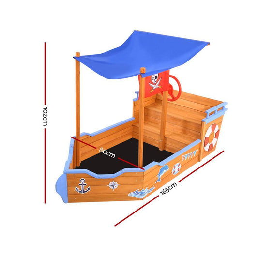Keezi Kids Sandpit Wooden Boat Sand Pit with Canopy Bench Seat Beach