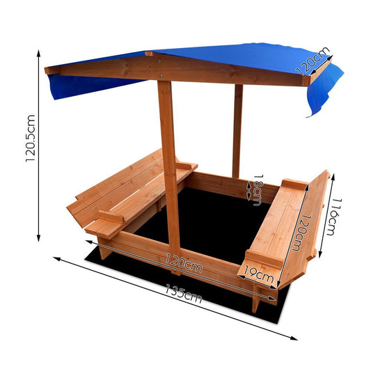Keezi Kids Sandpit Wooden Sandbox Sand Pit with Canopy Foldable Seat