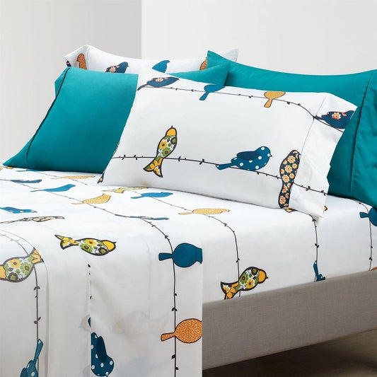 Full Teal Yellow White Floral Birds on Wire Soft Polyester 6 Piece