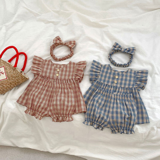 Baby Girl Plaid Pattern Short Sleeve Tee With Shorts Sets
